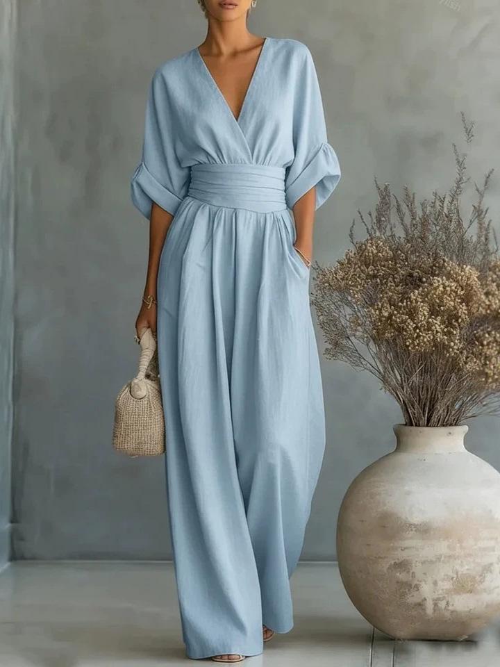 Elegant V-Neck Waist-Cinching Women's Jumpsuit for Spring and Summer