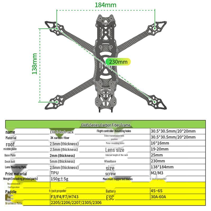 EVA5 Full Carbon Fiber 5-inch FPV Racing Drone Frame