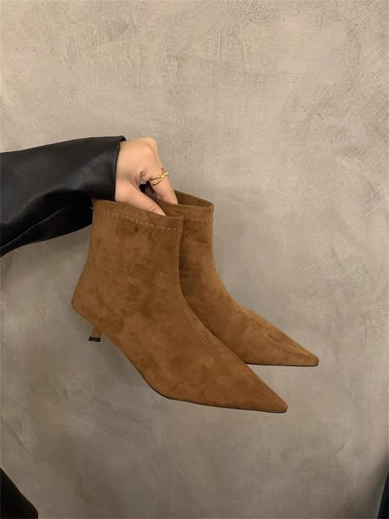 Korean Version of Polished Single Boots Pointed Fashion Boots Thick Mid-heel Short Boots Women's 2025 Fashion Versatile Rear Zipper Thin Boots