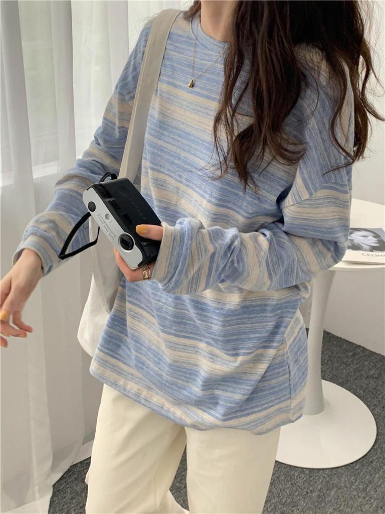 2025 College Style Striped Long-Sleeve Korean Round Neck Loose T-Shirt for Women