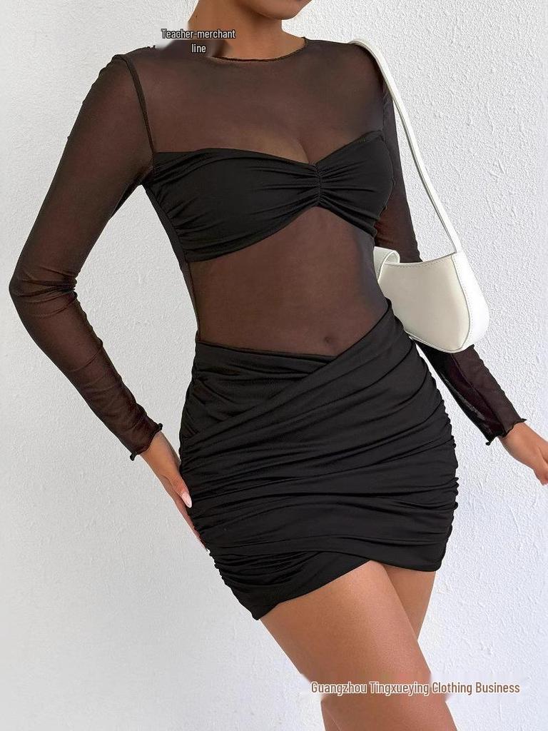 Damska Seksowna Okrągły Dekolt Siatkowe Wstawki Plisowana Sukienka