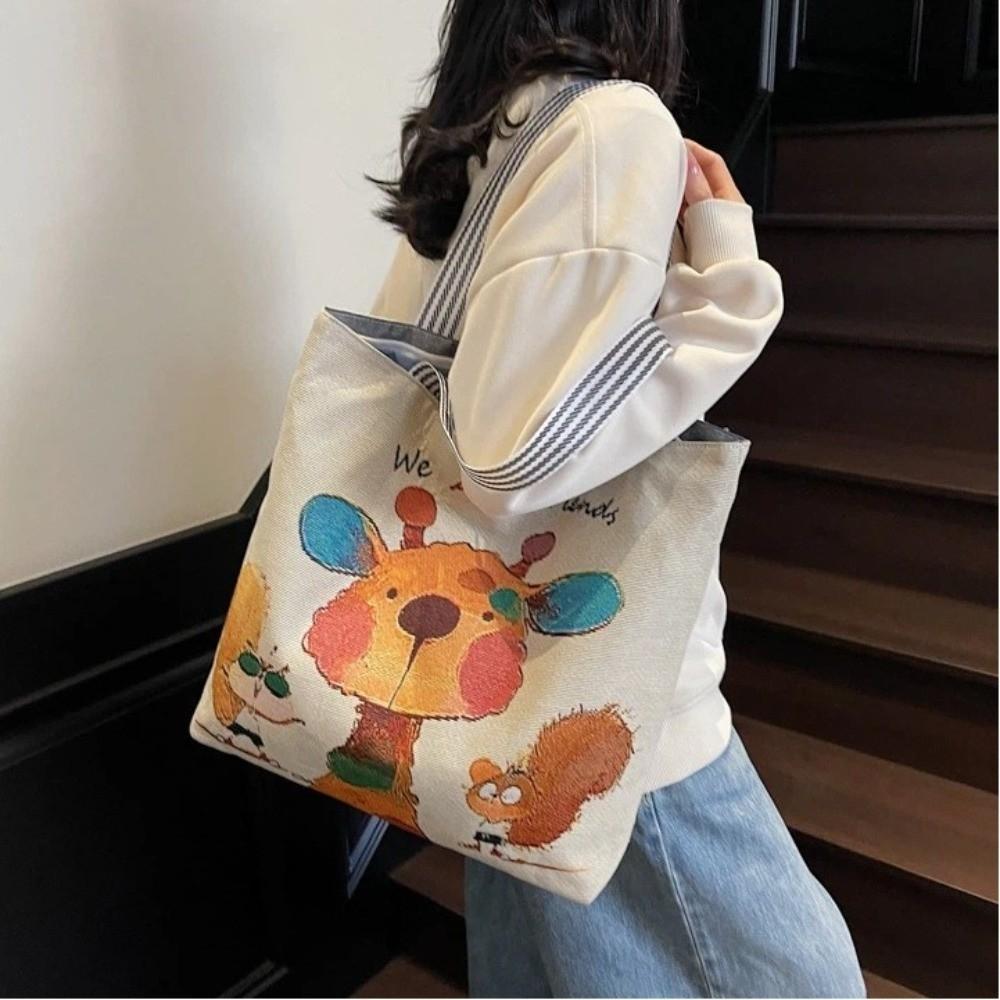 Cute Cartoon Print Single Shoulder Bag Large Capacity Street Style Tote Bag Canvas Bag Students
