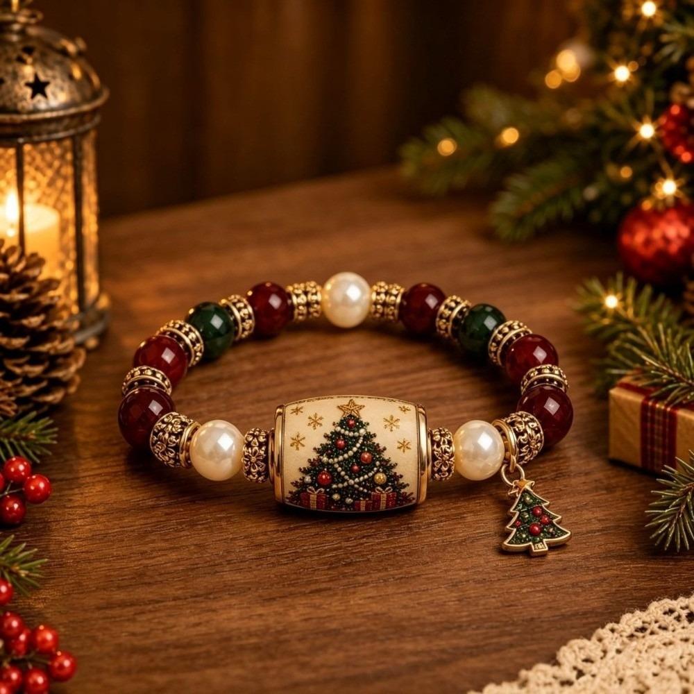Santa Claus Beaded Bracelet Crystal Pearl Women Bangle Christmas Themed Christmas Bracelet  Girl