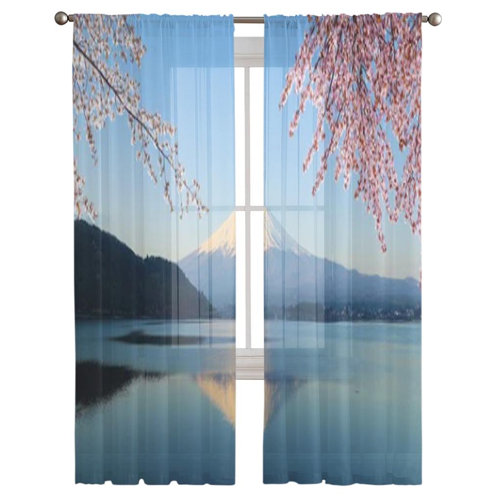 Mount Fuji With Cherry Blossom View From Lake Kawaguchiko Japan Sheer Curtains for Room Bedroom Window Voiles Tulle Curtain