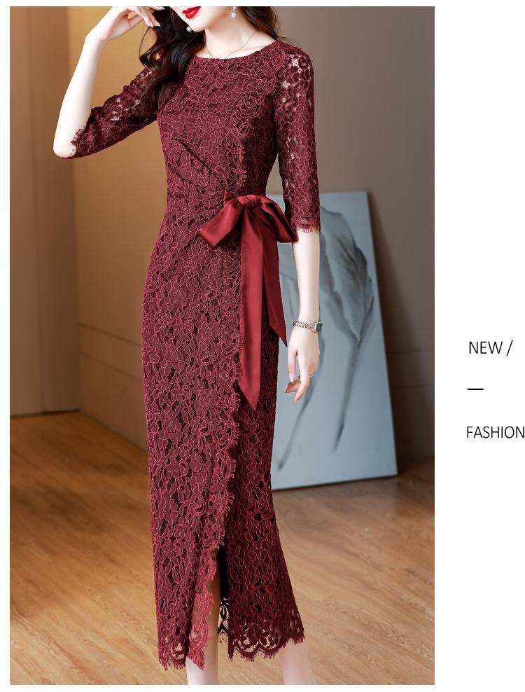 2023 Summer Wine Red Retro Lace Evening Dress