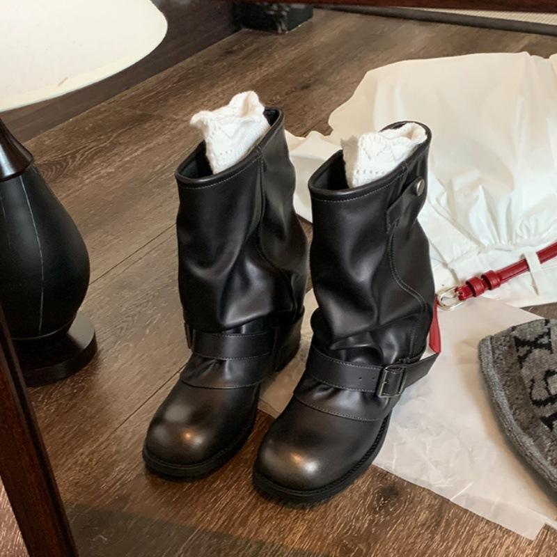 2025 autumn new heightening western cowboy stacking boots women's pleated trousers short boots retro knight martin boots