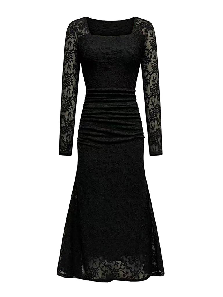 Autumn Winter Women's Elegant Lace Square Neck Pleated Long Dress