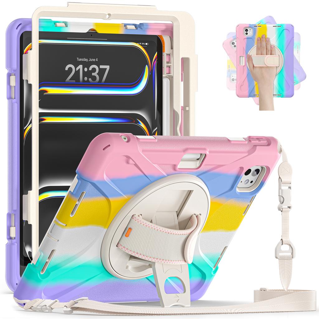 For iPad Pro 11 (2025)/11 (2024) Case PC+Silicone Kickstand Tablet Cover with Hand Strap and Shoulder Strap