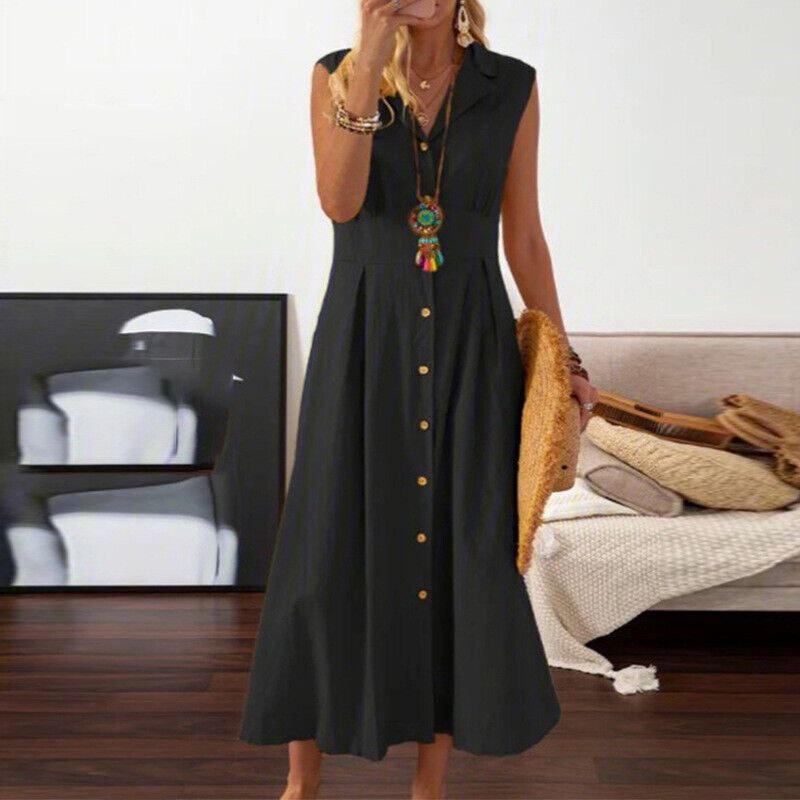 

Sleeveless Long Skirt Women clothes New Loose Cotton Linen Shirt Collar Sleeveless Button Dress Black M