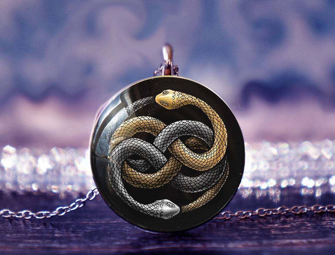 

Gothic Double-sided Glass Double Snakes Entwined Orca Moth Yin-yang Taiji Time Gemstone Pendant Necklace for Women Men Jewelry