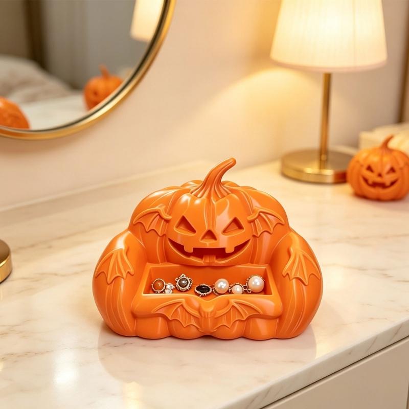 Halloween Jewelry Tray Pumpkin Sofa Sculpture Trinket Holder with Bats Wing Detail, 3D Printed Rings Organizers for Dresser Top and Party Display
