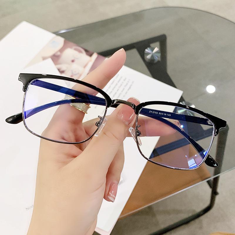 Retro Half Frame Metal Eyeglass Frame For Men Business Square Blue Light Blocking Plain Glasses Browline Eyeglass Holder Eyewear Accessories