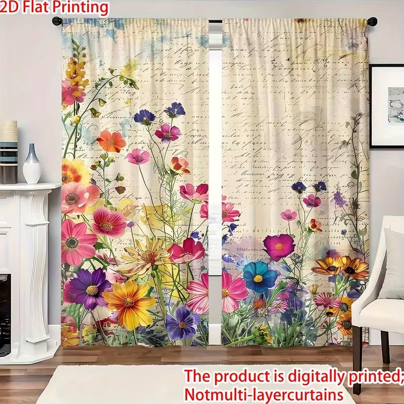 

2PC Vintage Letter Floral Sheer Curtains - Nostalgic Watercolor Print Window Drapes for Living Room Bedroom Decor 24x59in(60x150CM)x2&Rod Pocket
