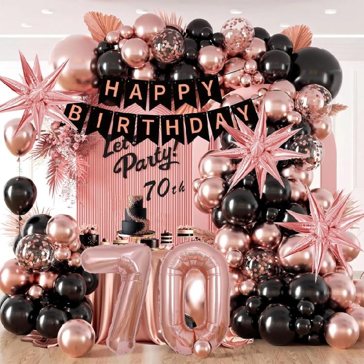 Rose Gold Aluminum Foil Birthday Balloon Decorations Set With Birthday Buntings Number Balloons For 40th 50th 60th 70th