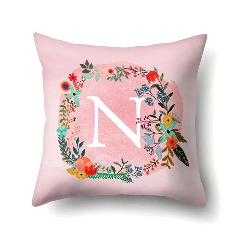 Polyester Pillowcase Pink Flower Home Decoration Print 26 English Letter Cushion Pillowcase