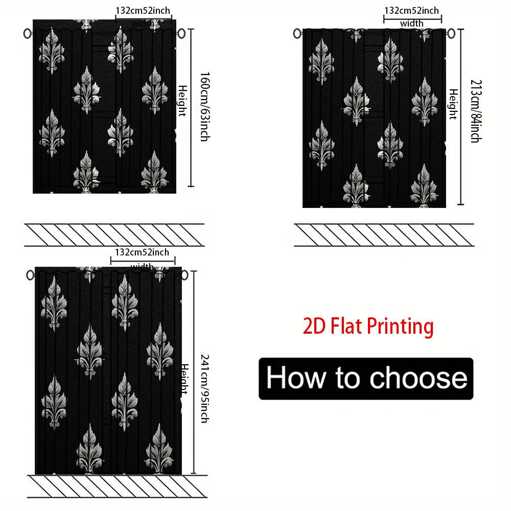 2D Flat   2pcs   2D Flat Printing Curtains Black Background Silvery Fleur De Lis Pattern   Punched Lace Fabric Material for Home