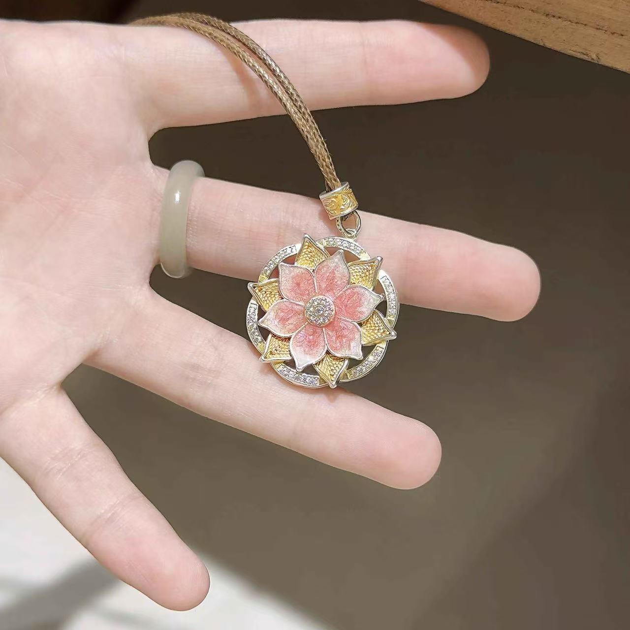 999 Sterling Silver Pink Lotus Enamel Filigree Sweater Pendant - Women s Light Luxury Chinese Retro Style Accessories 999 Sterling Silver