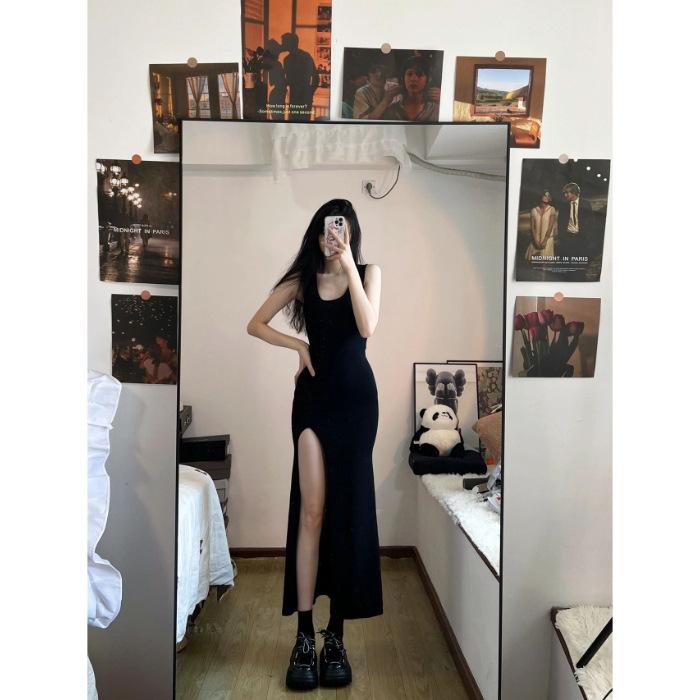 Suspender Dress Women's New Summer Temperament Slim Fit Pure Desire Spice Girl Inside with Hip Skirt Split Fork Long Skirt Tail Goods