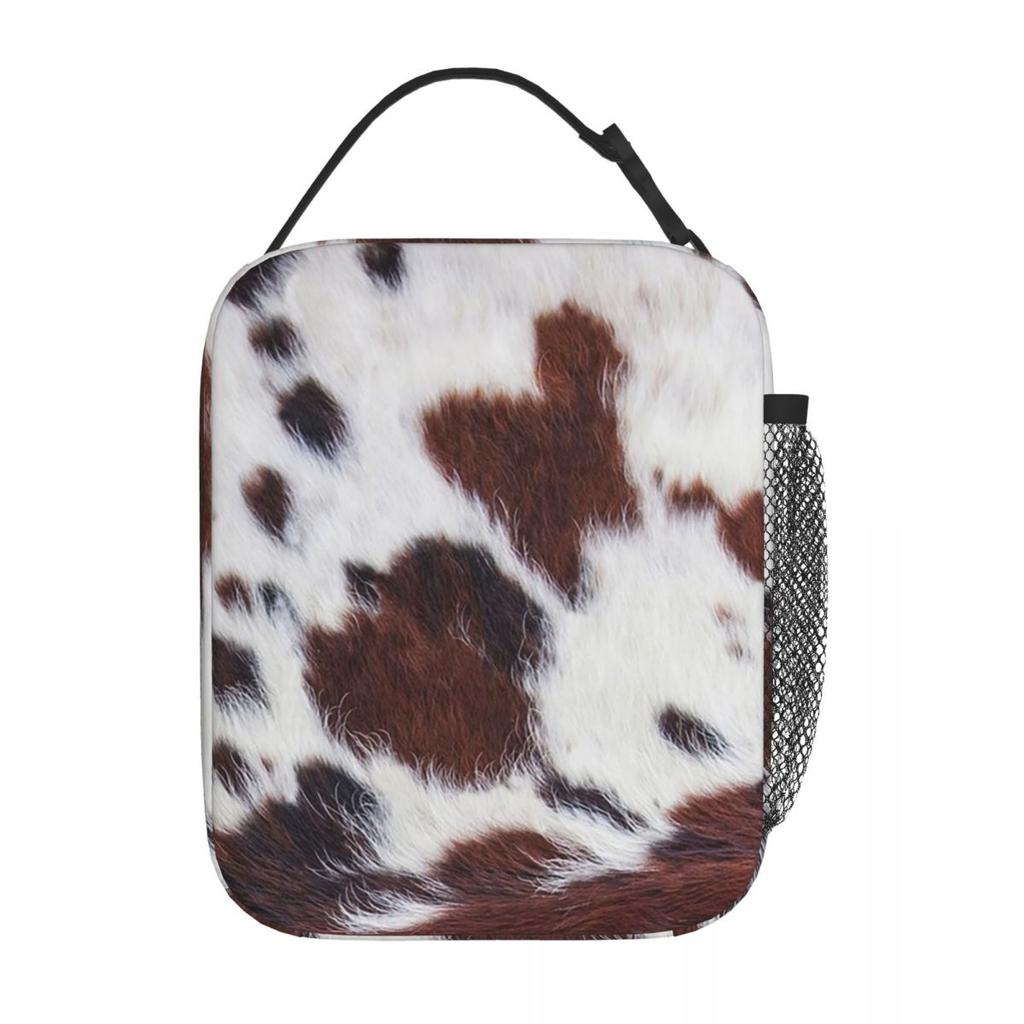 Brown White Cowhide Pattern Insulated Lunch Bag for Kids School Cooler Thermal Food Box Tote Portable Lunch Boxes Container