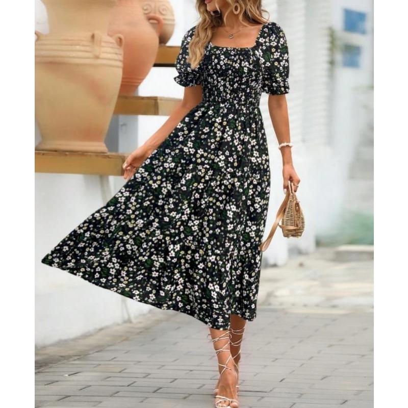 Women's Printed Square Neck Waisted Bubble Sleeve Layered Dresses