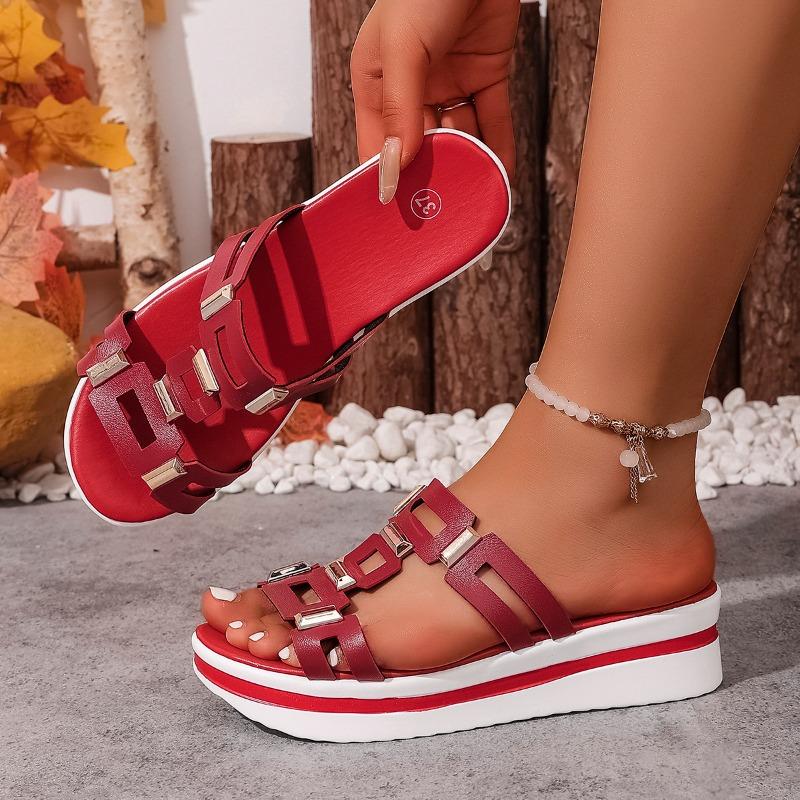 Fashion Metal Buckle Cutout Slippers Women's Summer Fashion Round Toe Open Toe Cutout Non-Slip Platform Wedge Shoes