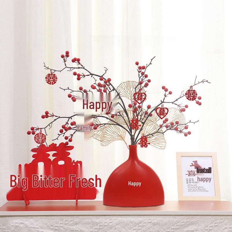 Red Berry Bonsai Scene Ornament for Wedding and Living Room Decor