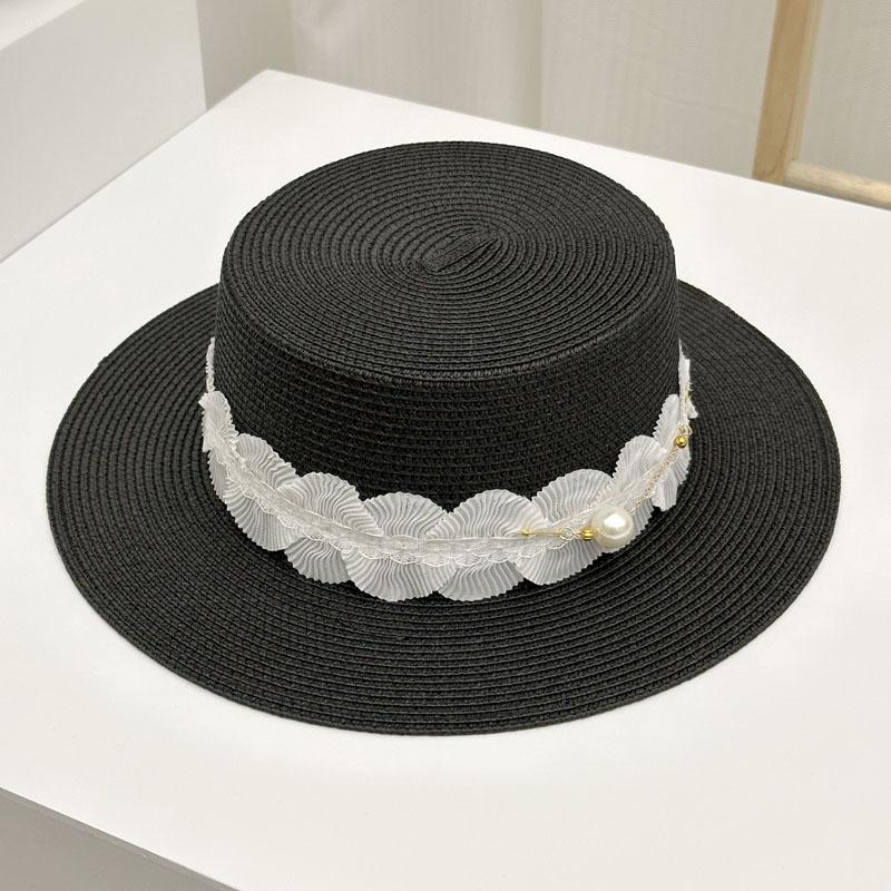 French lace bow hemming straw woven flat top top hat women's summer travel put ultraviolet sunshade big edge straw hat