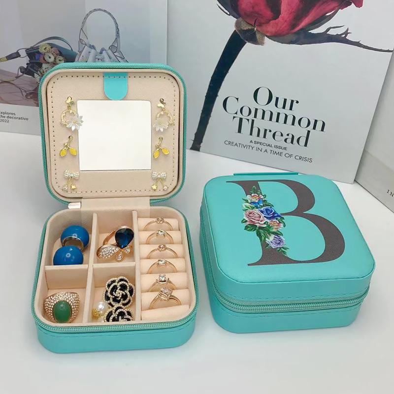 PU Leather Jewelry Box Mirror Storage Box 26 Letter Printed Portable Jewelry Organizer Earring Ring Necklace Case