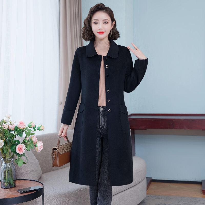 Elegant Pure Color Double Faced Wool Coat Women Slim Fit Mid Long High Quality Autumn Winter Trench Coat