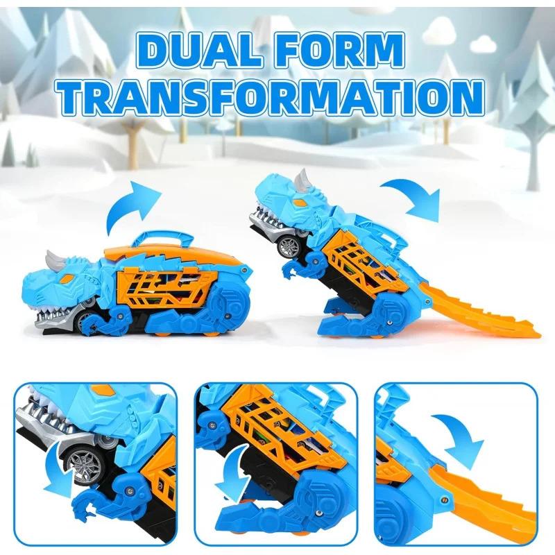 Non-Toxic Dinosaur Toys For Kids Children Ages 3-5 Car Track Set Dinosaur Transport Truck With Diecast Cars That Transform Into Dinosaurs