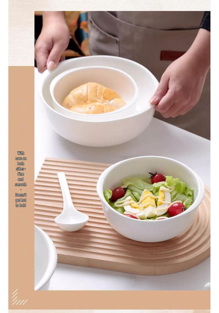 High-Quality White Bone China Double Ear Noodle Bowl – Stylish, High-Temperature Resistant, Deep Plate for Young People