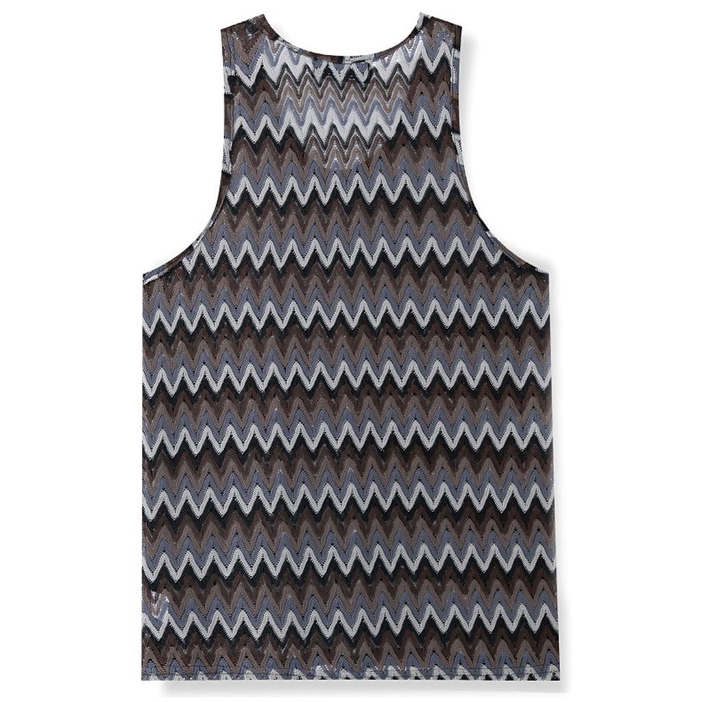 Men's Summer Light Fitness Wear Retro Contrast Color Wave Color Stripe Fabric Vest Casual Loose Vest