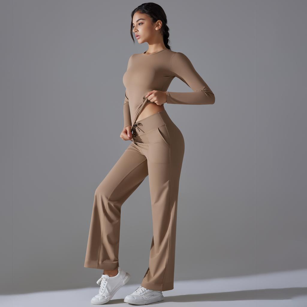 Auroth Long Sleeve Yoga Set With Pockets Women Workout Colthes Gym Top Wide Leg Fitness Pants Sportswear