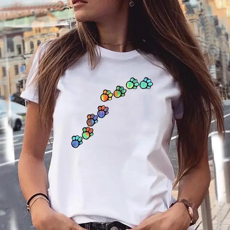 Women T-shirts Love Trend Style Dog Paw Cartoon Animal Pet Summer Graphic Print Female Stylish T Top Shirt Girl Tee T-Shirt