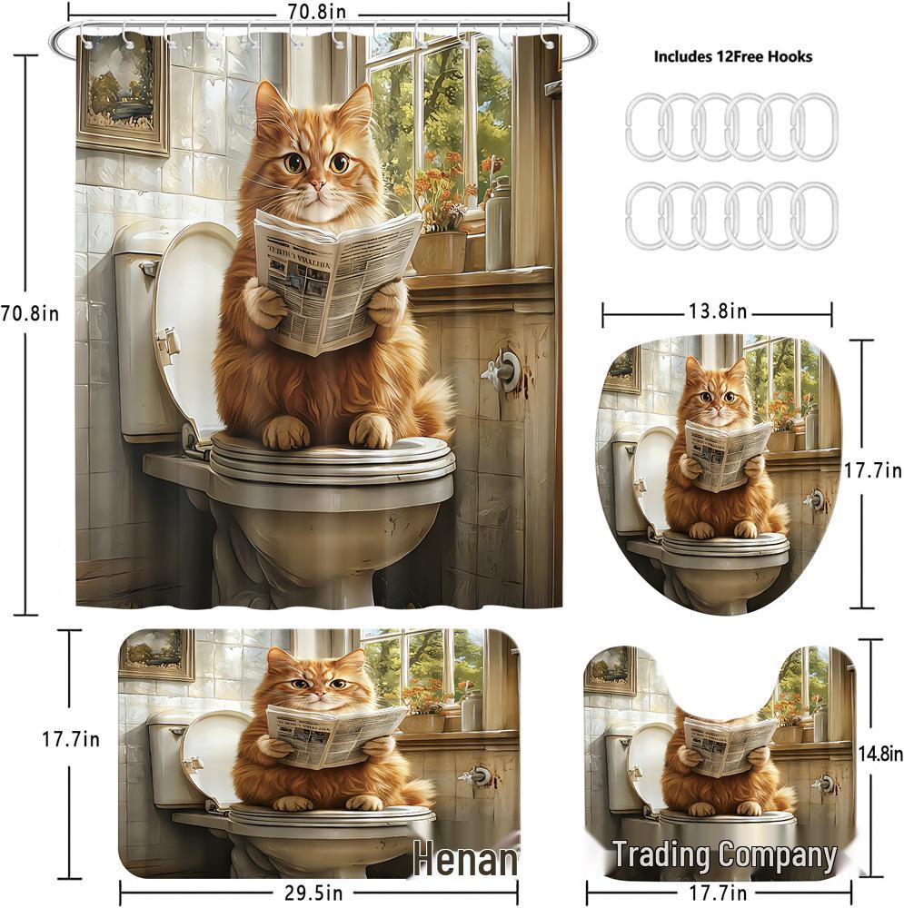 Cartoon Cat Bathroom Set: Funny Cat Reading Newspaper Shower Curtain & Accessories