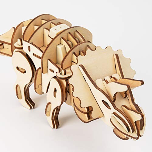 Tsukurundesu® Battery-Operated 3D Wooden Puzzle Dinosaur Series (D400 Triceratops) with Japanese Instructions