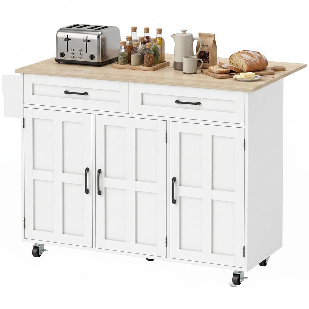 Kitchen Island with Folding Top, 129 x 72 x 90.5 cm, White