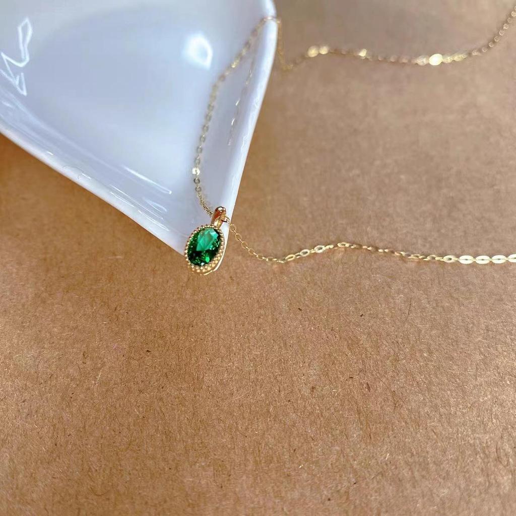 14K Gold-Plated Sterling Silver Necklace with Oval Emerald Pendant - Luxury Clavicle Chain for Women