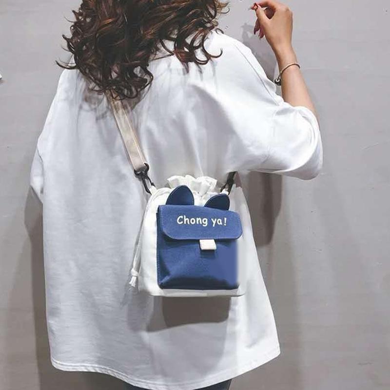 Cute Canvas Bag New Solid Color, Small Ear Crossbody Bag Women's Ins Style Large Capacity Crossbody Bag