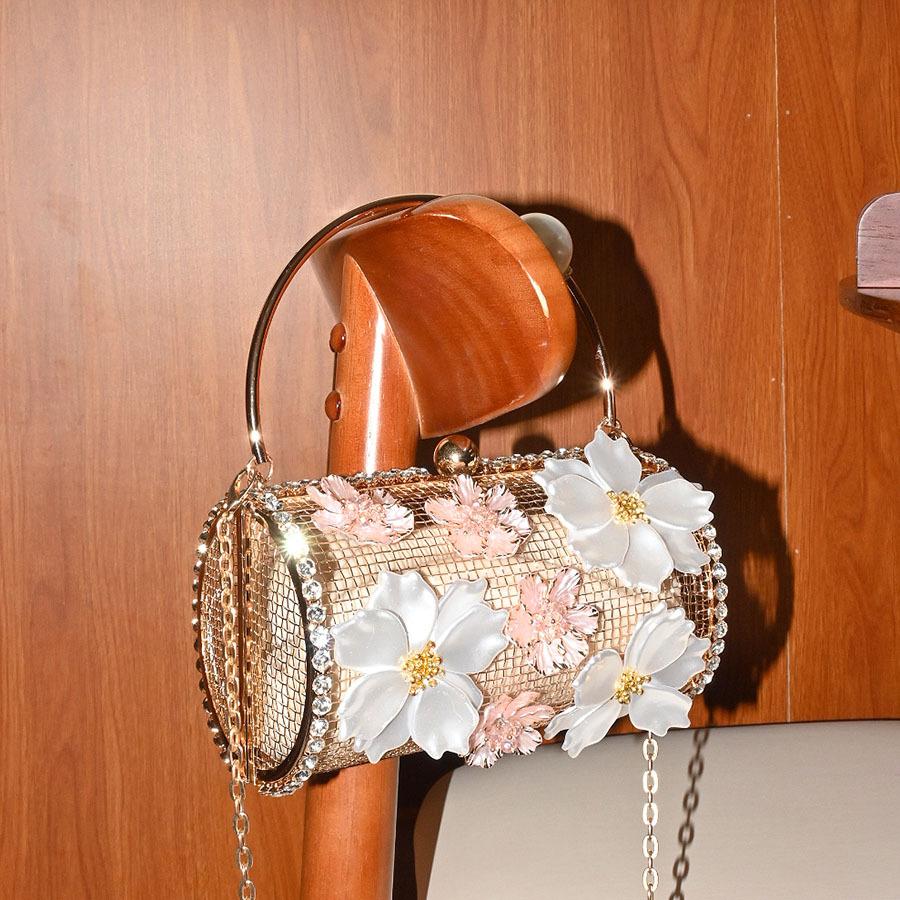 Metal Diamond-encrusted Flower Pearl Vegetable Basket Bag Dinner Diamond Light Luxury Bucket Hand-held Cylinder Messenger Bag