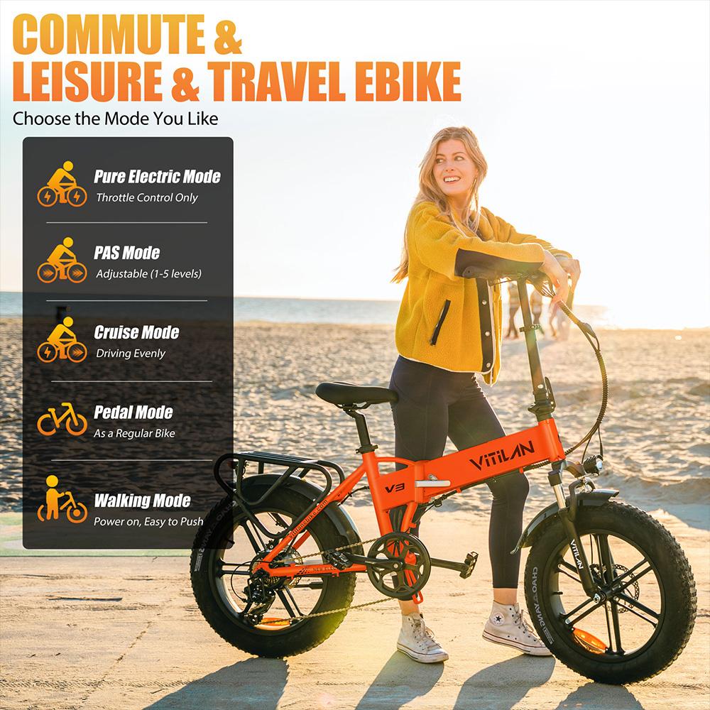 Electric Bicycle Vitilan V3 1200W Peak Motor 20" Fat Tire Foldable Electric Bike For Adult 48V 13AH LCD Display 7 Speed