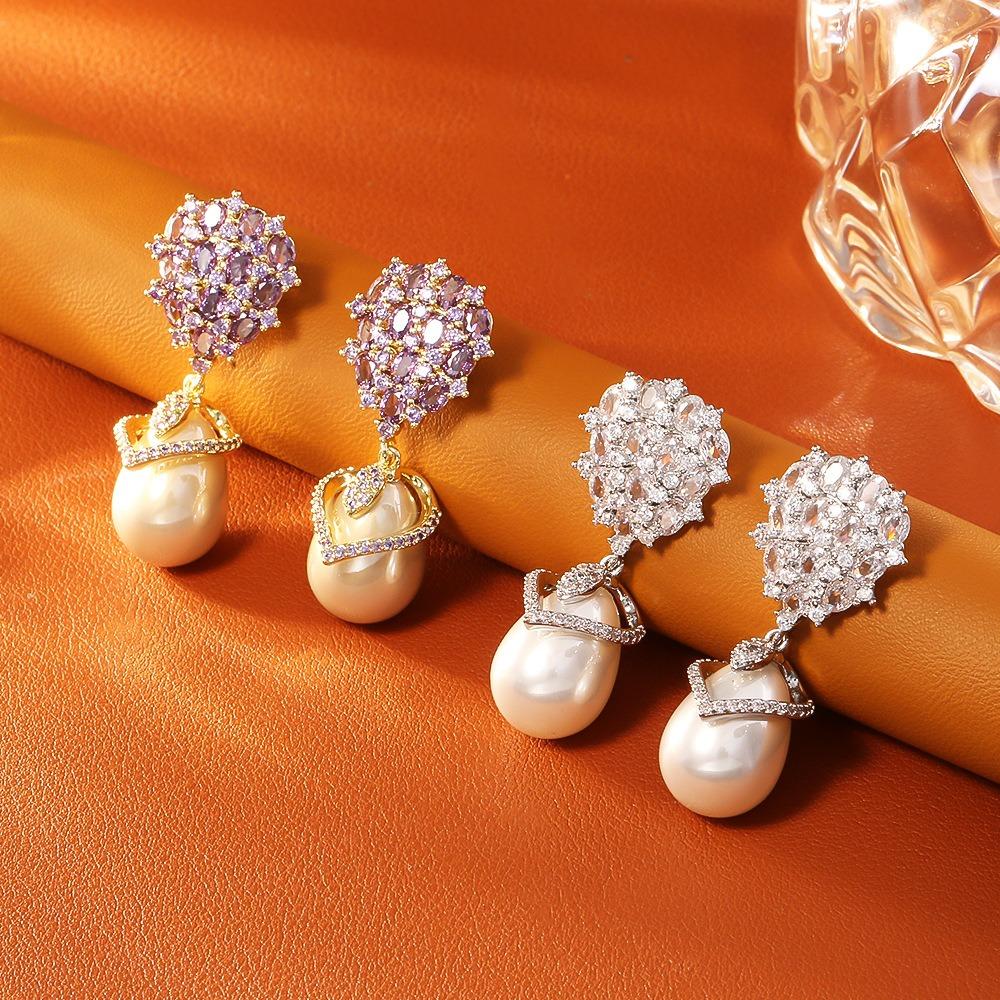 Classic Pearl Drop Earrings Shiny Champagne Pearl Zircon Earrings  For Women