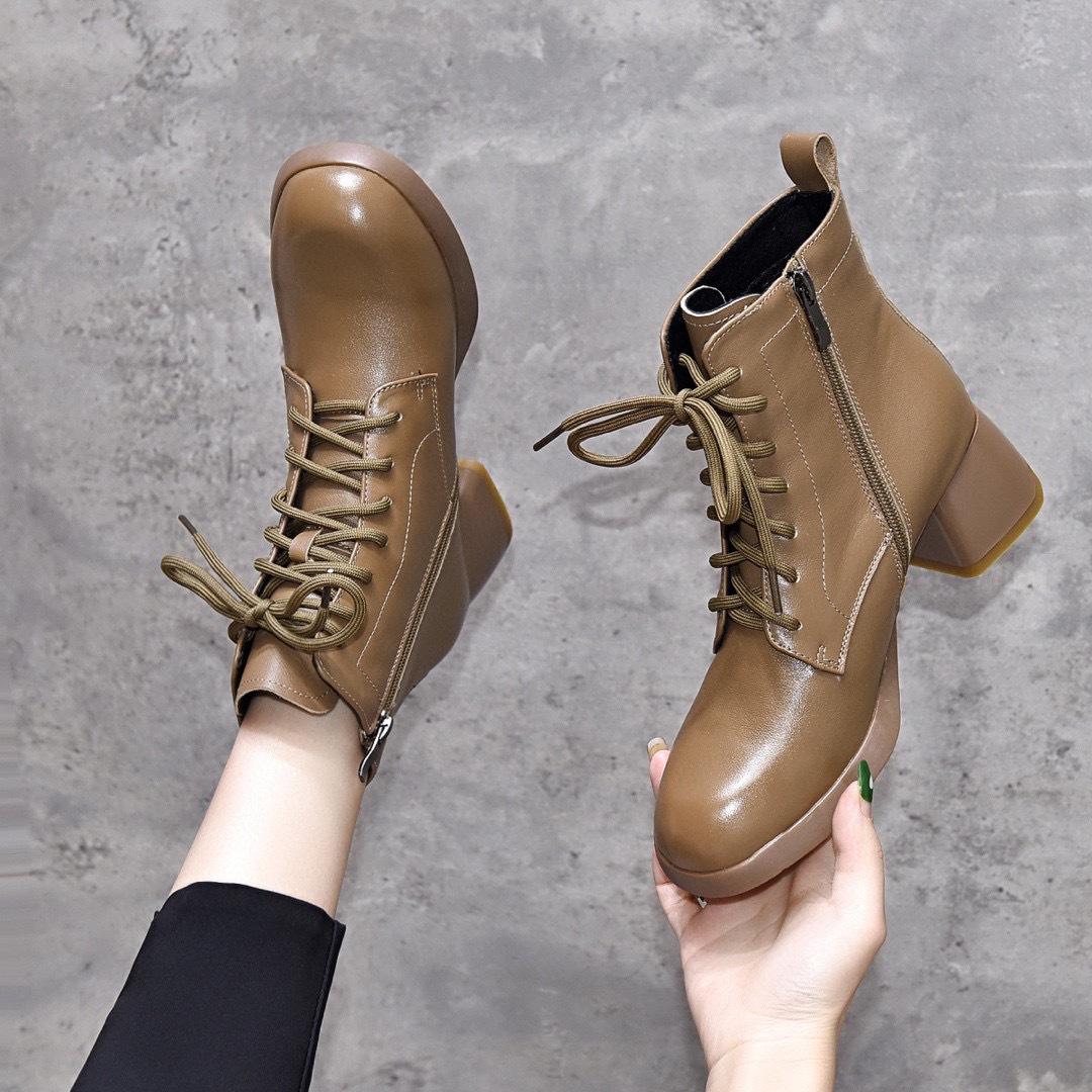 

Новая модная шнуровка короткие ботинки осень и зима круглый носок маленькие ботильоны первый слой коровьей кожи толстый каблук женские ботинки ботинки Мартин кожаные ботинки 39