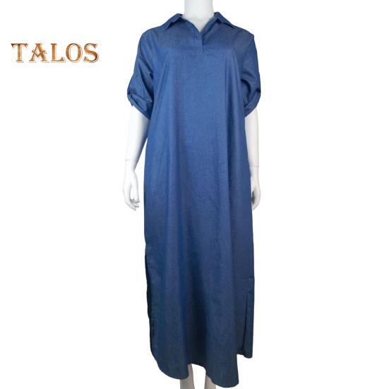 Fall Spring Lady Dress V Neck Loose Short Sleeves with Cufflink Split Hem Plus Size Dress Solid Color Buttons Pullover A-line Daily Wear Beach Maxi