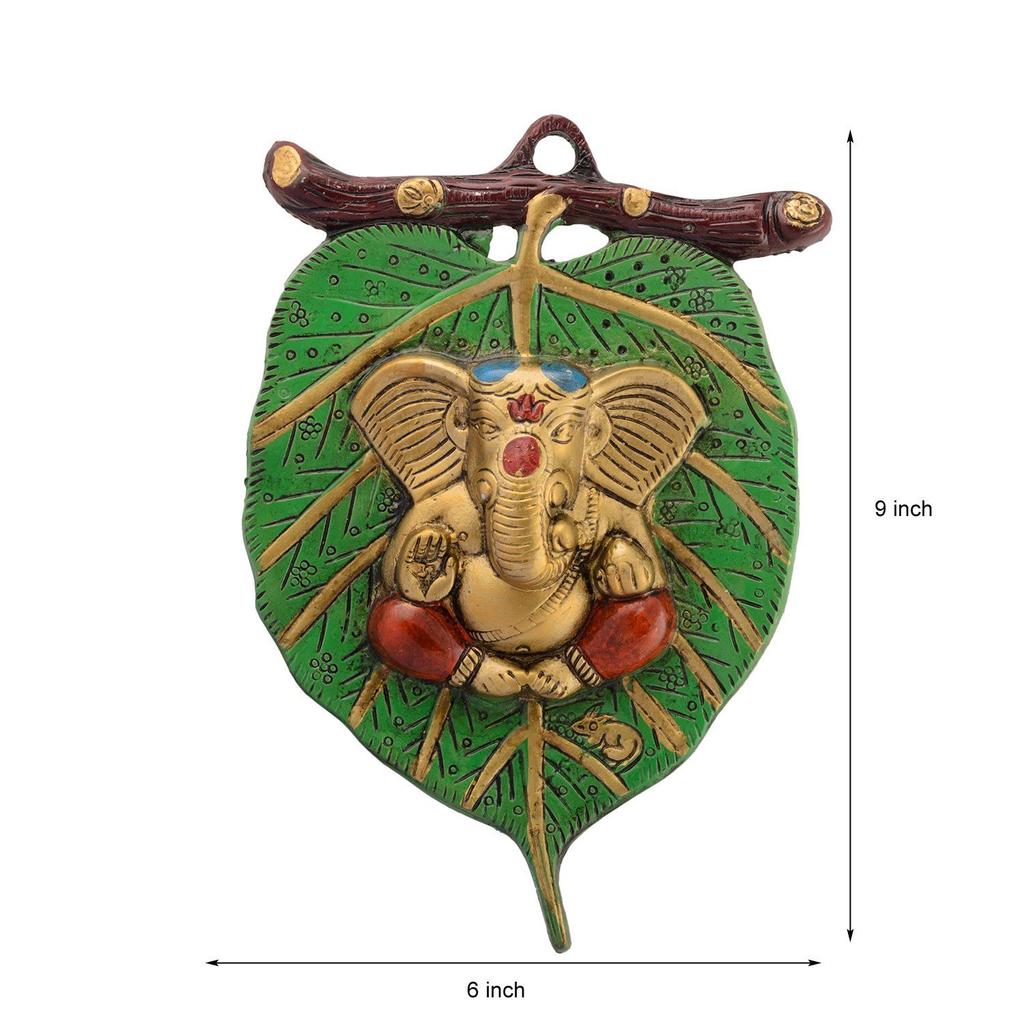 Metal Golden Lord Ganesha In Red Dhoti On Green Leaf Ganesha Wall Hanging | Decorative Showpiece for Wall Decor
