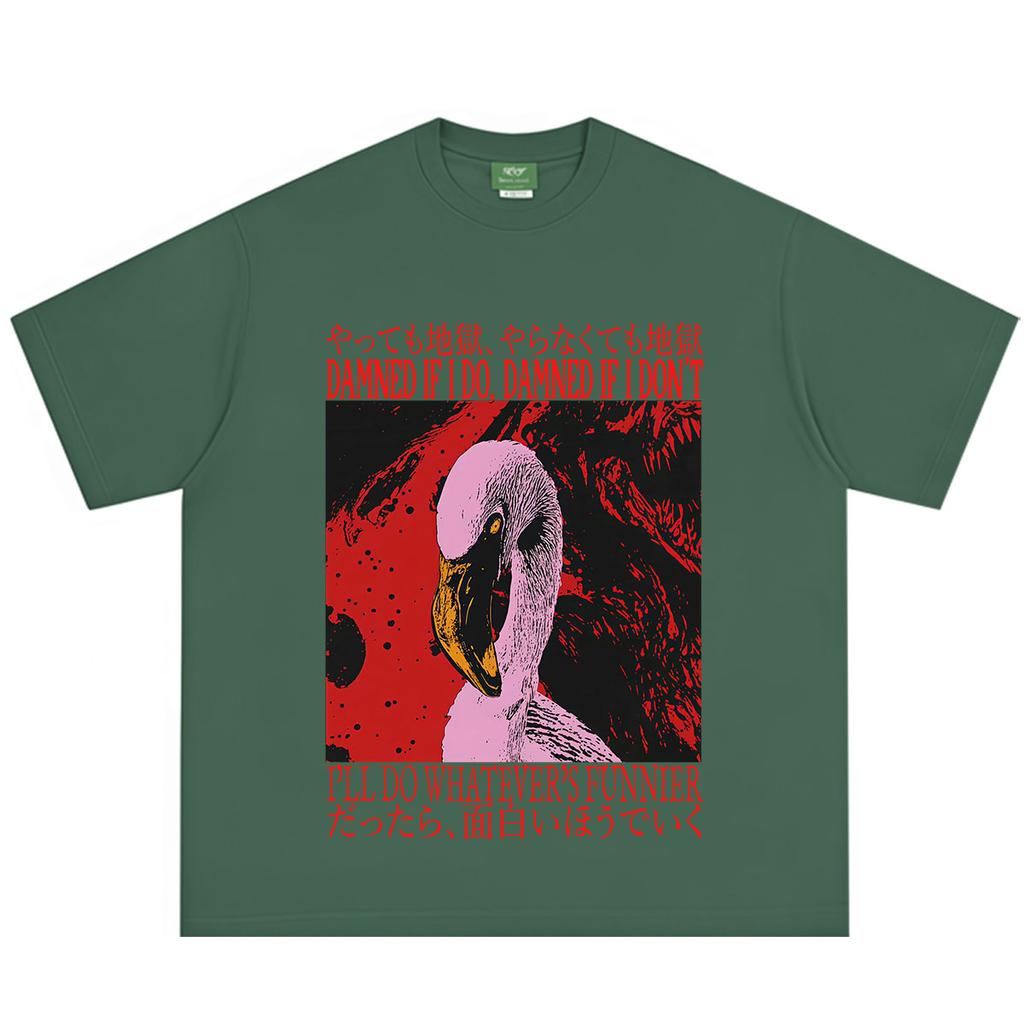 Damned If I Do Damned If I Dont Flamingo Funny Vintage Japanese Tshirt Unisex Unisex Shortsleeved Loose Casual Cotton Tshirts