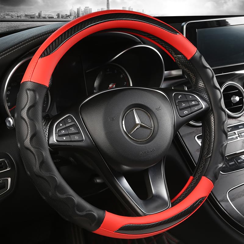 AUSTYLCO Steering Wheel Cover for Kei 3D Carbon Fiber Steering Wheel Comfortable to the Red Cars, Protector, Stylish, Touch, Stain-Resistant,