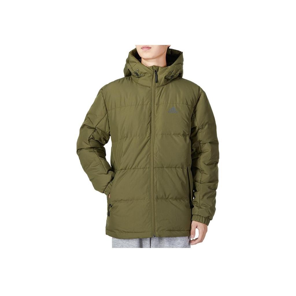 Adidas Logo Print Zip Pocket Detail Hooded Down Jacket Men Outerwear Army-Green HN2093