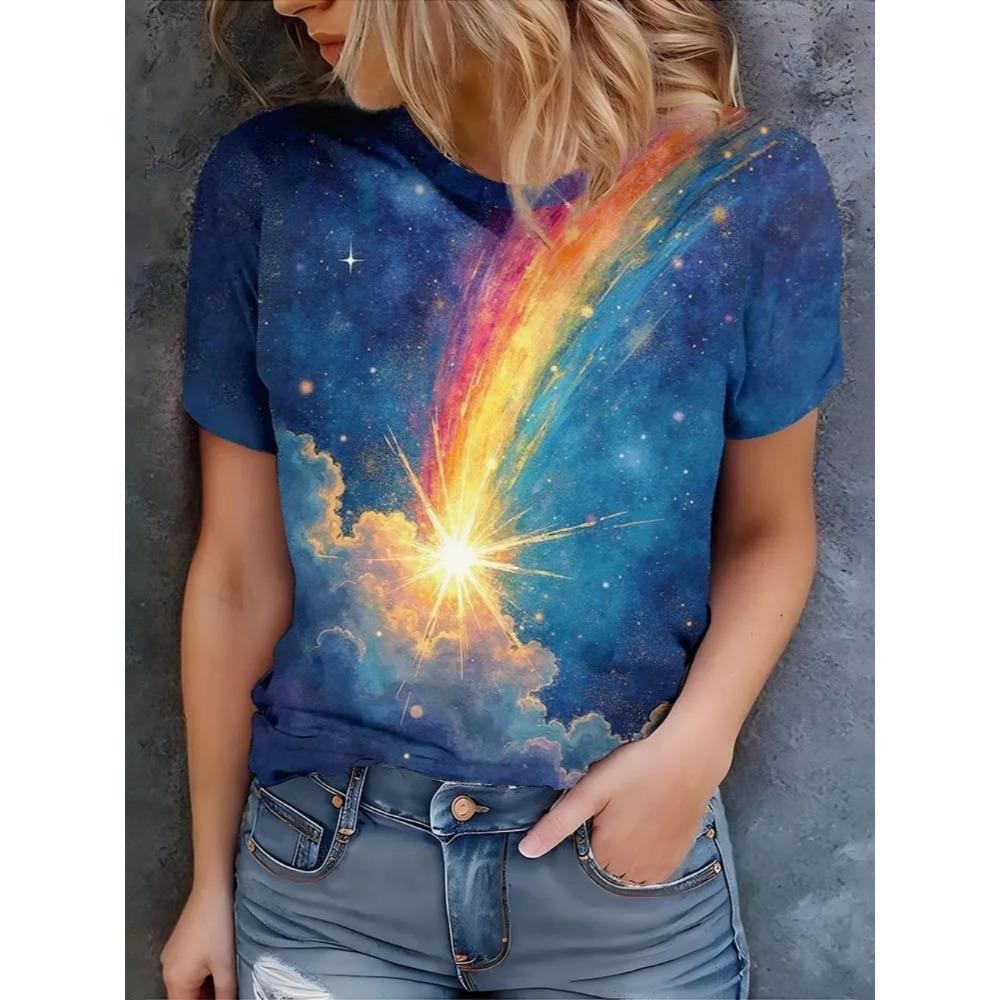 Ladies Fashionable Comfortable Printed T-shirt Colorful Starry Sky Patterns Loose Breathable Large Size Short Sleeved T-shirt