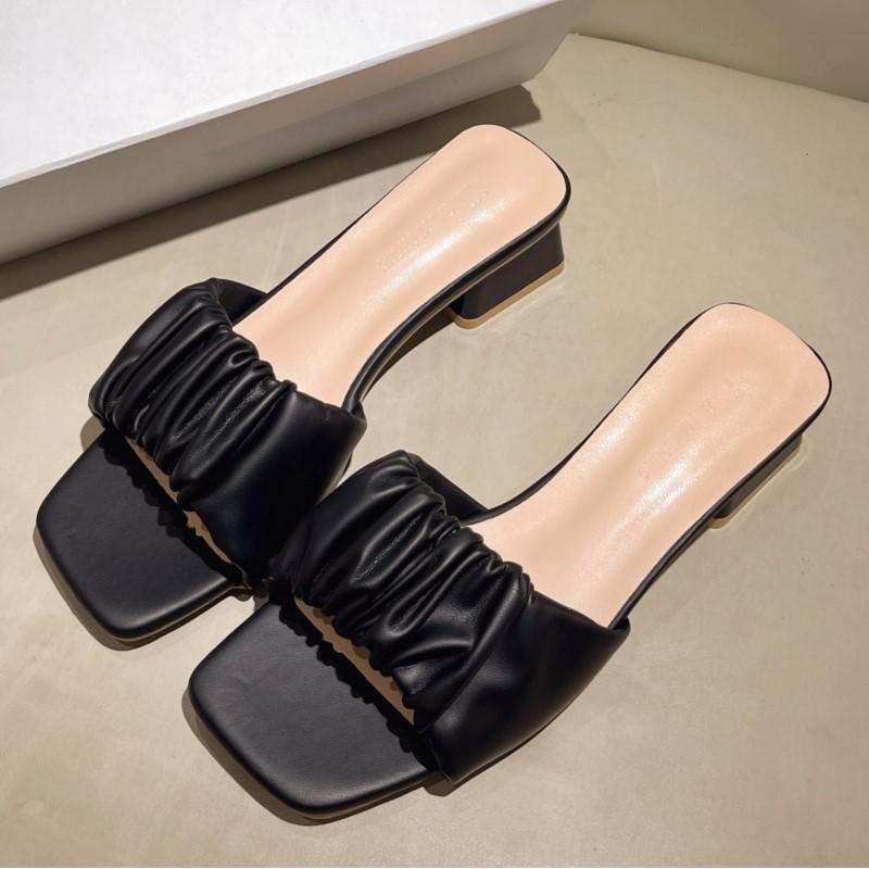 Fashion Womens Plus Size Square Toe Crinkle Strappy Slides Korean Summer 2025 Slip-On Sandals Comfortable Outdoor Casual Lazy Slippers